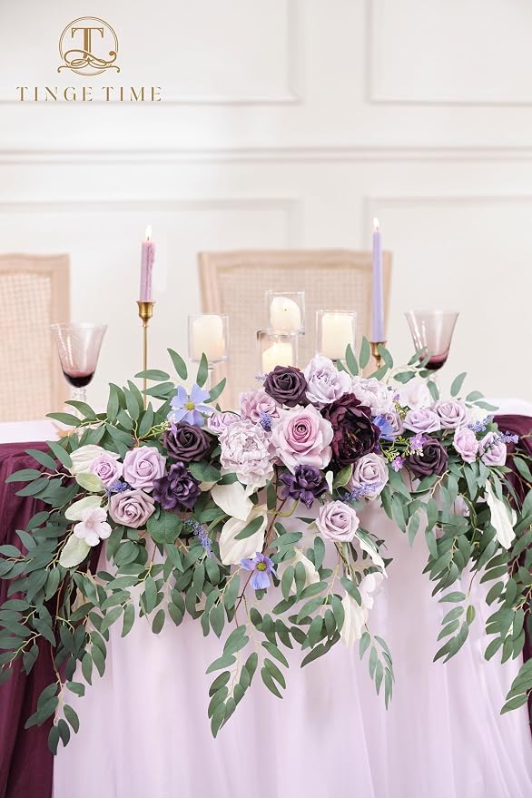 TINGE TIME Artificial Sweetheart Flower Swag with Tablecloth and Table Runner, Pack of 3 Floral Arrangement for Wedding Sweetheart Table Centerpiece Decoration (Lavender & Plum)