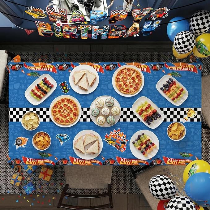 Race Car Birthday Decorations Party Decorations Set Include Race Car Balloons, Tablecloth, Backdrop, Cake Cupcake Toppers, Hanging Swirls, Banner Racing Car Party Supplies for Boys Birthday Decor