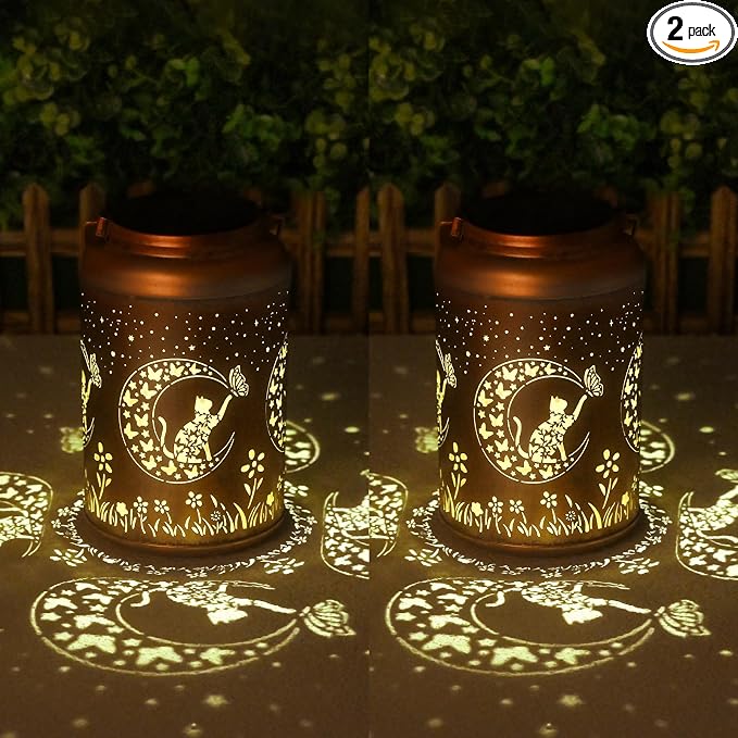 Birthday Gifts for Women Men - 2 Pack Cat Solar Lights Outdoor Waterproof, Mothers Day Gifts for Mom, Decoration Outside for Outdoor, Yard, Garden Decor Solar Lantern