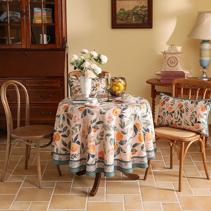 patdrea Designer French Linen Tablecloth,Round,Diameter 67"-Palladin A | Colorful Elegant Table Cloth for Round Table,Orange Floral Patterned,for Dining Room Tea Party Thanksgiving