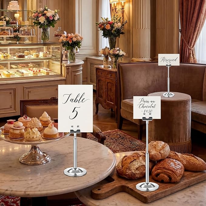 Kathfly Silver 12 Set Table Number Holders Adjustable Metal Place Card Holders Harp-clip Tabletop Sign Stands Detachable Card Holder for Weddings Birthday Restaurants Table Decor (4.9-7.3 Inch)
