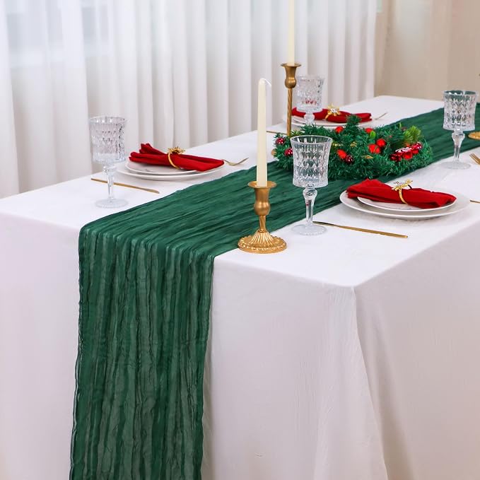 Snowkingdom Emerald Green Table Runner 120 Inch 10 Ft Rustic Boho Dark Green Cheese Cloth Runner for Wedding Bridal Baby Shower Birthday Party Christmas Sheer Gauze Home Table Centerpiece Deocrations