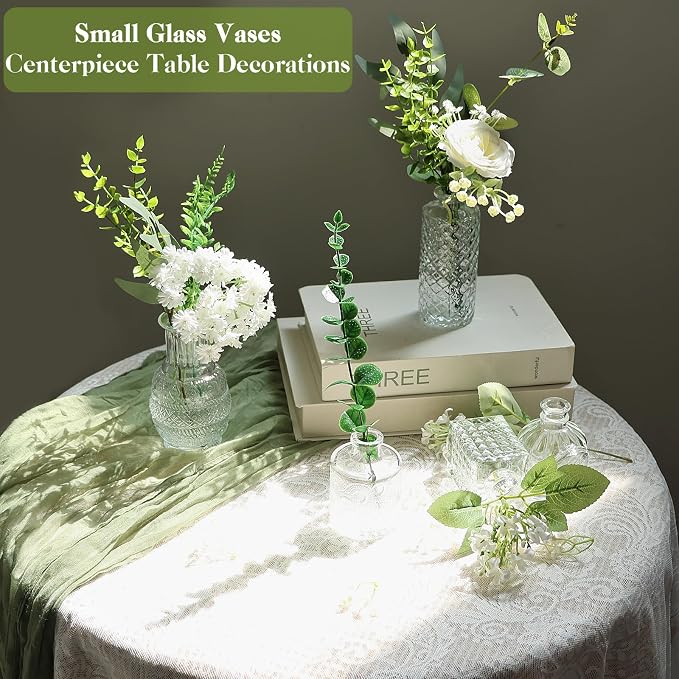 WARMALL Artificial Flowers with Vases, 16 Pcs Bud Vases, & 81 Pcs Artificial Plants DIY Set Suitable for Centerpieces Table Weddings Party Office and Indoor Decor Mini Small Glass Clear(White)