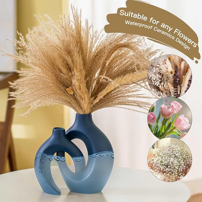 Lvases Snuggle Hollow Ceramic Flower Vase Set 2, 8.4" H Matte Navy Blue | Nordic Boho Home Decor Modern Aesthetic Ins Style Living Room Coffee Table Centerpieces Pampas Grass Decorative Display