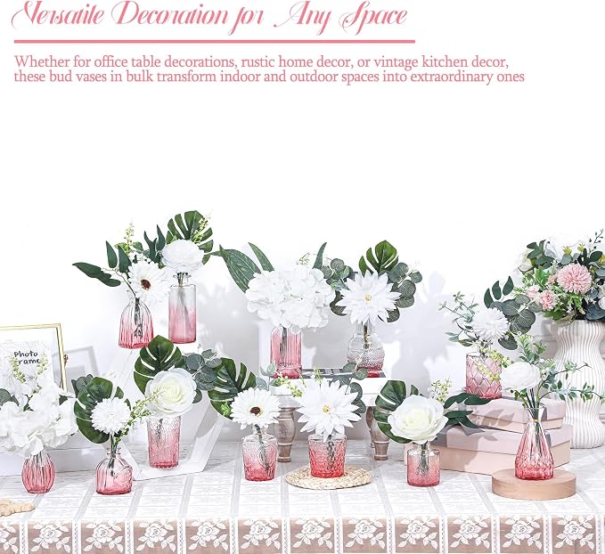 FoldTier 108 Pcs Artificial Flowers in Vase 96 Pcs Faux Greenery Stem Table Centerpiece Fake Plants Silk Roses Arrangement 12 Pcs Glass Vase Sets for Wedding Bathroom Home Dining Decor(White Pink)