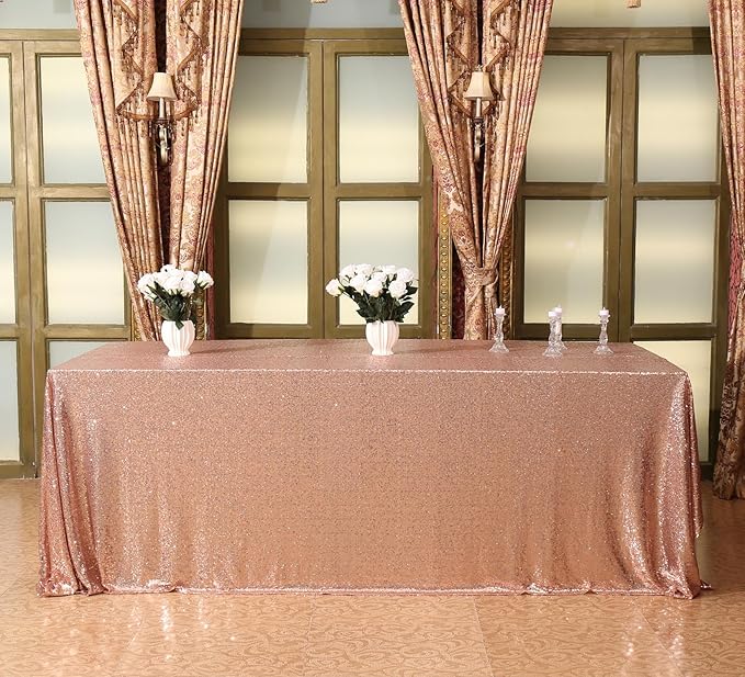 Juya Delight 90" x 132" Rose Gold Rectangular‌ Sequin Tablecloth for Wedding Birthday Party Festival Ceremony Cake Dessert Table