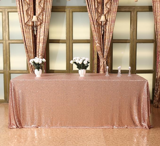 Juya Delight 90" x 132" Rose Gold Rectangular‌ Sequin Tablecloth for Wedding Birthday Party Festival Ceremony Cake Dessert Table