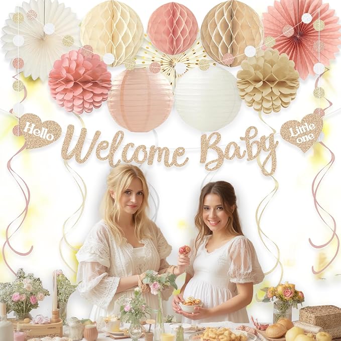 Boho Blush Pink Baby Shower Decorations for Girl, Pre-Strung, 24pcs | Welcome Baby Sign, Honeycomb Balls, Paper Flowers, Lanterns, Fans, Streamers, Dots Garland for Girl Baby Shower Decorations