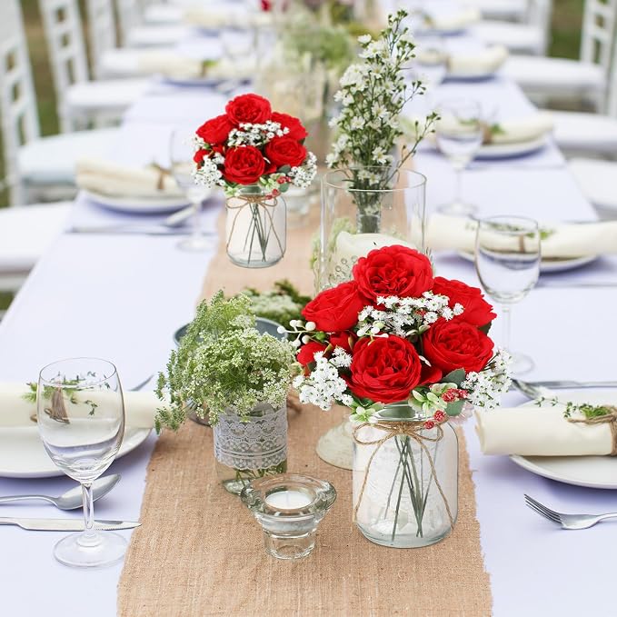 Zeyune 12 Sets Mason Jar Centerpiece Table Decorations, Artificial Peony Baby's Breath Flower Bouquets, Faux Flowers with Vase, Rustic Decor Gifts for Home, Wedding, Holiday (Red)