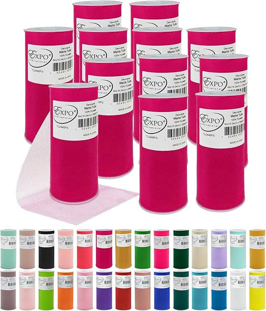 Expo International Decorative Matte Tulle, Lightweight Polyester Tulle Fabric for Tutus, Costumes, and Party Decorations, Washable, Easy-to-Use, 6 Inch x 25 Yards, Fuchsia, Pack of 12
