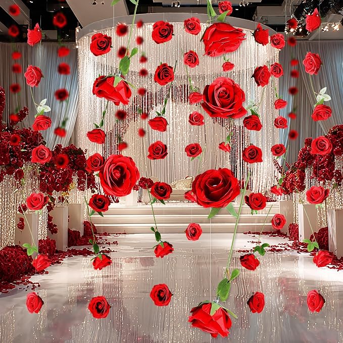Suncalla 40 Pcs Artificial Rose Flower Hanging Decorations Set DIY Hanging Fake Roses Garlands with Hooks Wedding Party Decorations for Anniversary Background Themed Party(Red)