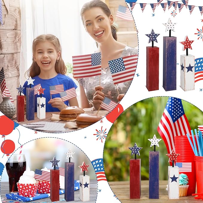 COCHIE 4th of July Decorations Set, Red White Blue Decor, Wooden Patriotic Memorial Day Tiered Tray Decor, Labor Day Decorations, Fourth of July Decoration for Home Office Table (Solid Retro)