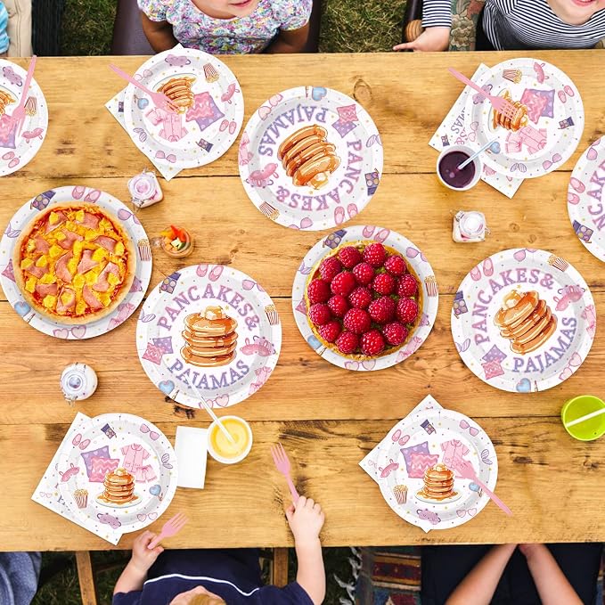 96Pcs Pancakes and Pajamas Party Supplies Pajama Brunch Plates and Napkins Girls Pink Night Sleepover Tableware Set for Girls Night Pancake Themed Slumber Party Decorations Serves 24