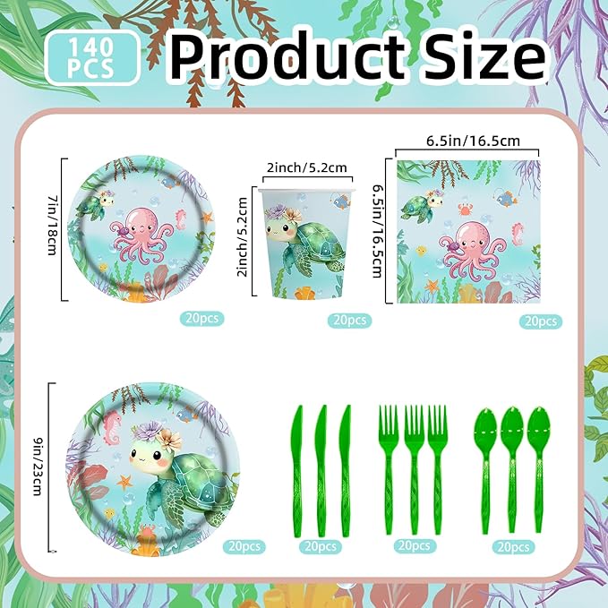 140Pcs Sea Turtle Birthday Decorations Ocean Sea Party Tableware Turtle Plates Napkins with Sea Animal Cups for Under the Sea Baby Shower Turtle Pool Party Supplies