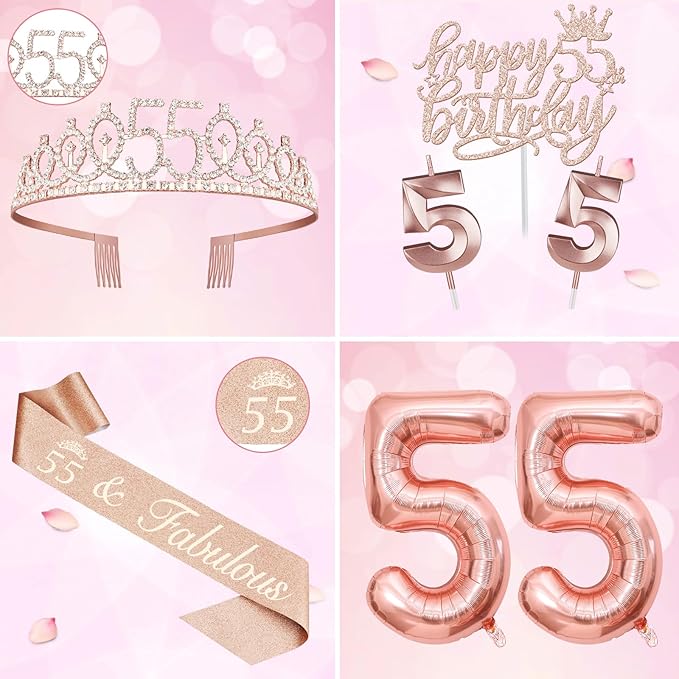55 Birthday Decorations for Women, Including 55th Birthday Sash and Tiara, Cake Topper and Candles, Number Balloons, 55 Year Old Gifts for Women