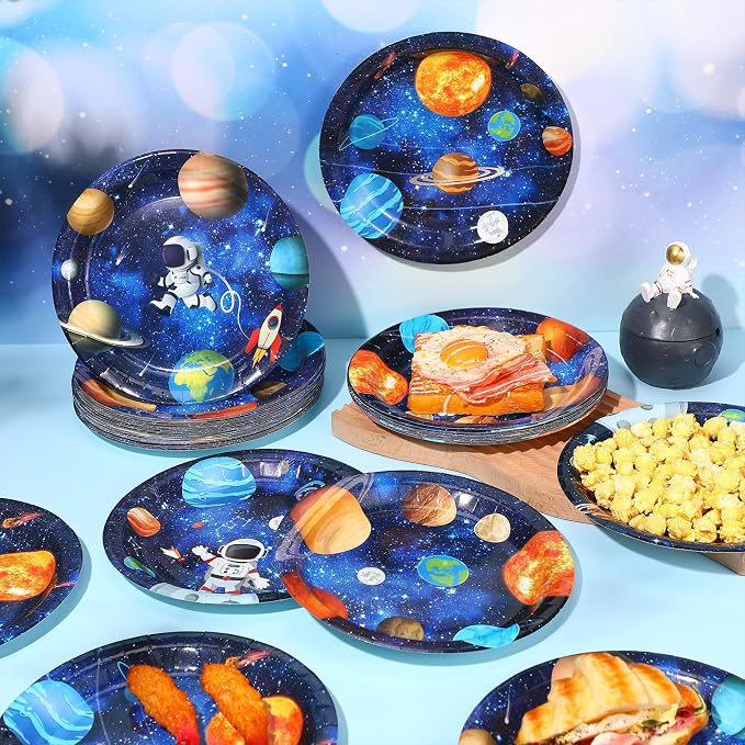 Funnymoom 60 Pcs Space Theme Party Decorations 9 Inch Astronaut Outer Space Paper Plates Solar System Birthday Party Supplies for Kids Galaxy Planet Rocket Ship Theme Decoration