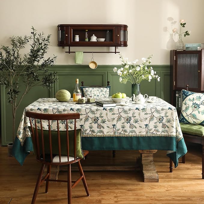 patdrea Vintage French Linen Tablecloth,Rectangular,87"x55"-Noah | Heavyweight Floral Table Cloth for Rectangle Table,Botanical Green Pattern,for Dining Room Tea Party Thanksgiving