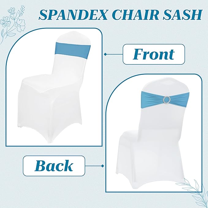 VDS - Blue | Spandex Chair Sashes Bows | 200 PCS | Stretch Elastic Banquet Universal Folding Chair Band Tie with Silver Buckle Slider for Wedding Party Conference Celebration Event Decoration