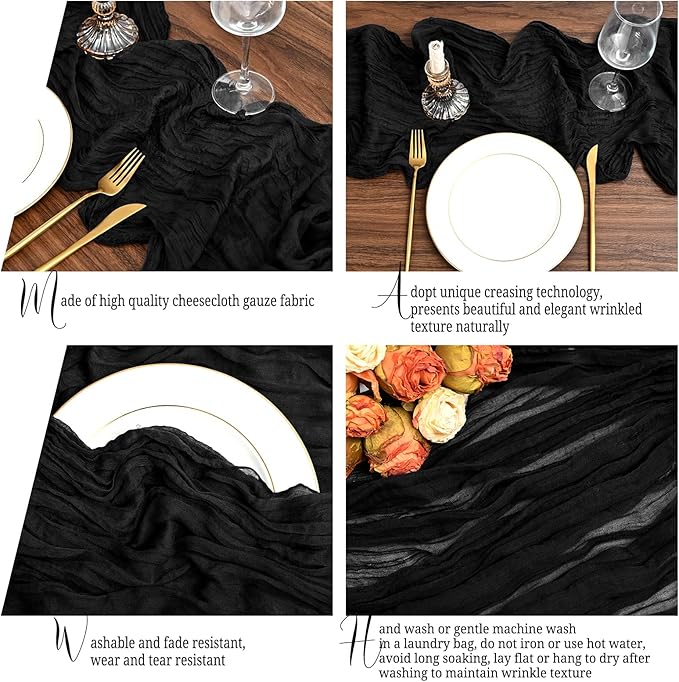 12 Pack Black Table Runner 10Ft Cheesecloth Table Runner Rustic Gauze Table Runners Romantic Long Sheer Fabric Cheese Cloth Table Runners for Wedding Party Bridal Baby Shower