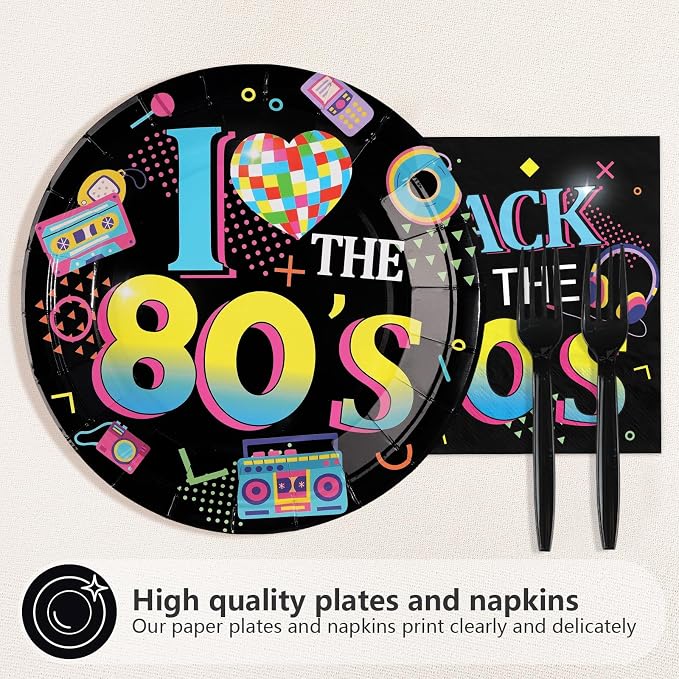 96Pcs Back to the 80s Birthday Party Decorations, Serve 24 | Back to the 80's Theme Plates and Napkins Tableware Sets Retro Colorful Hip Hop Decorations for Anniversary 1980's Supplies