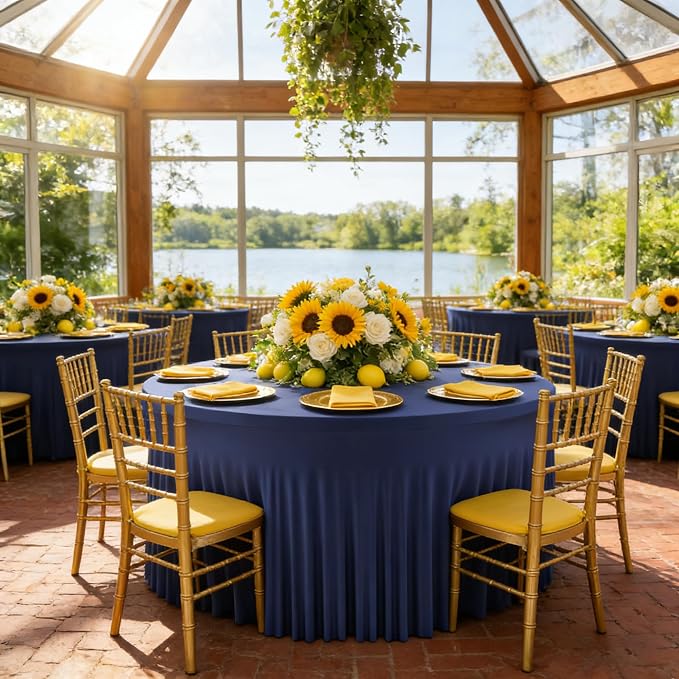 6 Pack Navy Blue Round Spandex Tablecloth with Ruffle Skirt, 60 Inch Elastic Fitted Table Cover for 5FT Table – Perfect for Graduation, Memorial Day & Veterans Day,Wedding,Wrinkle-Resistant
