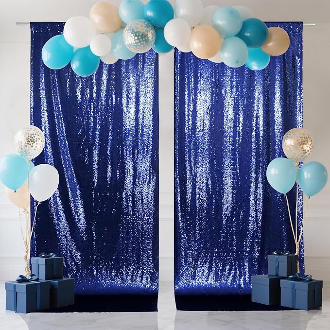 SquarePie 2 PCS 4x10ft Navy Blue Sequin Backdrop for Photography, Extra Long Satin-Backed Real Sequin Curtain, High-Density Shimmering Background with 4" Rod Pocket for Wedding Ceremony, 2 Panels