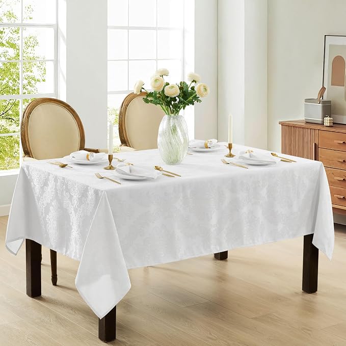 Newbridge Barcelona Luxury Damask Fabric Tablecloth, 70” Extra Wide x 168” Rectangle, White, 100% Polyester, No Iron, Soil Resistant Dining Room, Party and Banquet Table Cover