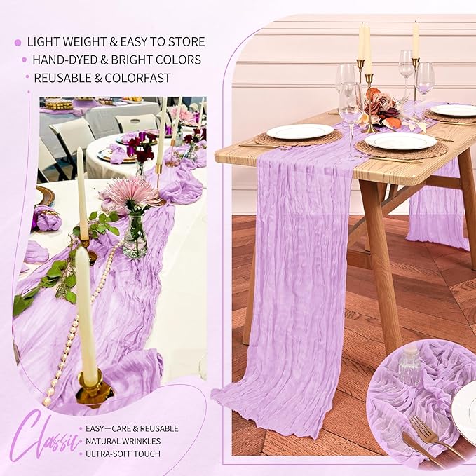 18 Pack Cheesecloth Table Runner 10FT Lilac Purple Table Runner Lavender Boho Gauze Cheese Cloth Table Runners Long Rustic Sheer Table Decorations for Wedding Party Baby Bridal Shower Birthday Holiday