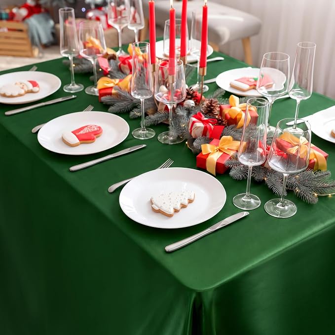 TURSTIN 4 Packs Satin Tablecloth 102 x 58 Inch Overlay Satin Table Cover Rectangle Bright Silk Tablecloth Smooth Fabric Table Decoration for Wedding Banquet Party Events, Dark Green