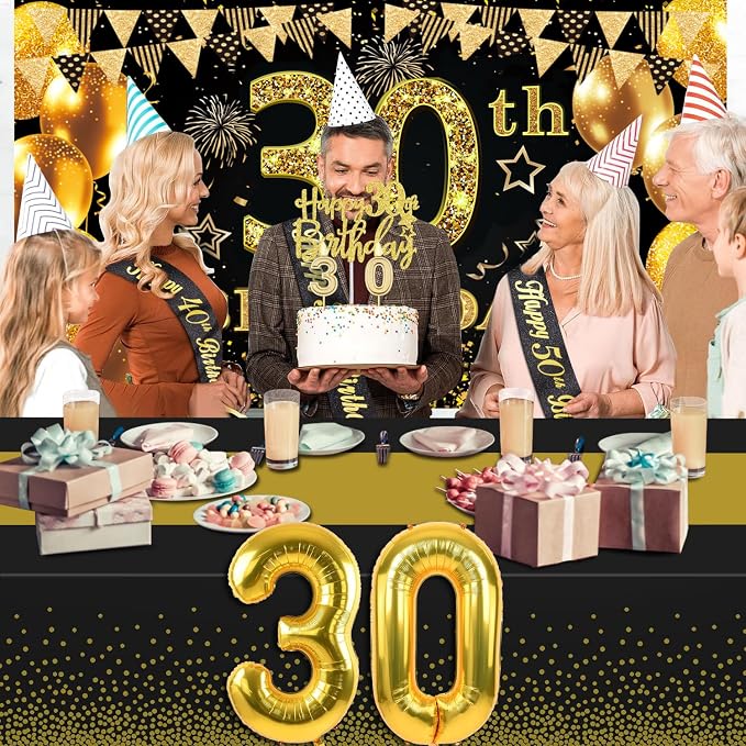 30th Birthday Decorations for Him Her with 30th Birthday Banner, Black and Gold Table Cloth, Number Balloons, Large Sash, Cake Topper and Candles