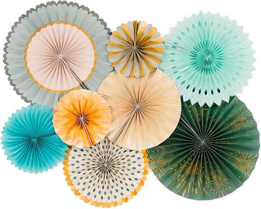PapaKit 8-Piece Origami Paper Fan Set - Sage Green & Metallic Gold | Reusable Hanging Pinwheel Wall Decoration for Baby Shower, Wedding Backdrop, Eucalyptus Birthday Party & Bridal Shower