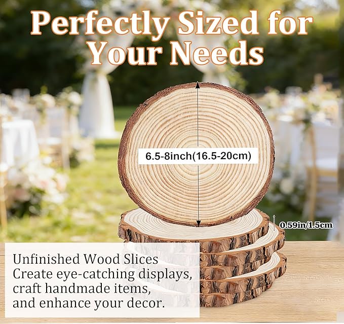 6.5-8 inch Wood Slices for Centerpieces, 6 Pcs Natural Wood Centerpieces for Tables with Bark, Rustic Wood Circles for Crafts Arts Party, Christmas Decorations and Wedding Centerpiece
