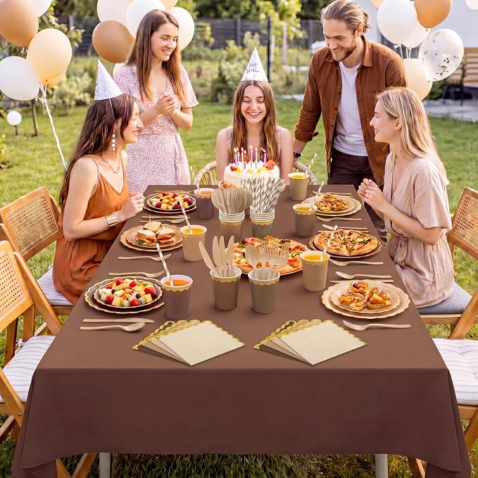 Vesici 452 Pcs Brown Party Supplies Set Gold Rim Disposable Tableware with 9'' 7'' Paper Plates Napkins Tablecloths 9oz Cups Cutlery Straws Neutral Party Decorations for Birthday Wedding Baby Shower