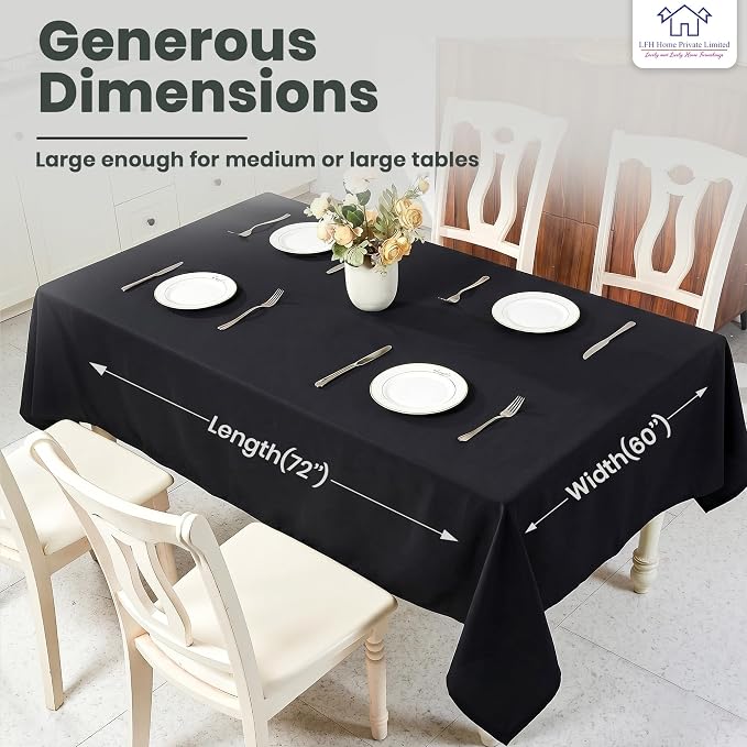 LFH Home Cotton Rich Beautiful Tablecloth for Rectangle Tables, 60 x 72 Inch Table Cloth, Machine Washable Fabric Table Cover for Dining Table, Kitchen, Parties, Holidays & Everyday Use-Black