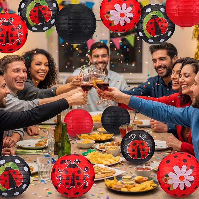 Panelee 12 Pcs Ladybug Party Decorations Paper Lanterns 8 Inch Hanging Round Paper Lanterns for Holiday Party Decorations Supplies Indoor Outdoor