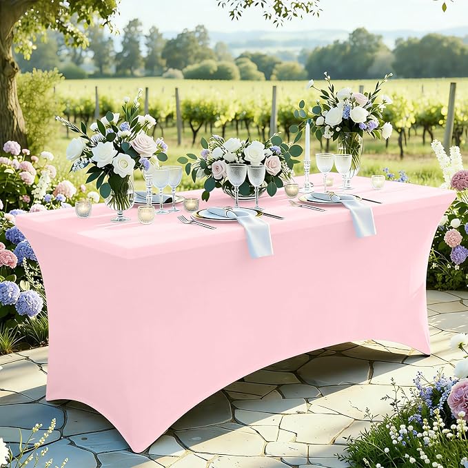 Moosfor Spandex Elastic Fitted 6FT Rectangle Tablecloth 6 Pack, Stretch Washable Reusable Table Cover for Outdoor Picnic, Dining, Wedding, Banquet & Party Events (Pink, 72Lx30Wx30H Inch)