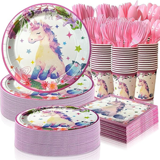 LFSTGN 350 PCS Unicorn Birthday Plates and Napkins Sets Includes Disposable Plates Dessert Plates Napkins Cups Plastic Knives Forks Spoons Disposable Dinnerware Set For Unicorn Party (50 Guest)