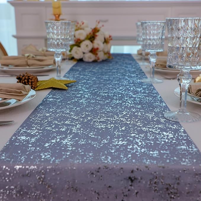 Snowkingdom Navy Blue Silver Table Runner Roll Glitter Sequin 2Pcs Sparkly Metallic Foil Sheer Mesh Elegant Centerpieces Party Decorations for Wedding Birthday Baby Shower Graduation Party Christmas