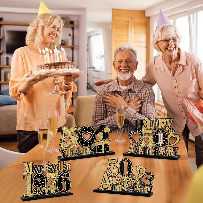 Eiurteao 4 Pieces 50th Anniversary Decorations Married in 1976 Table Sign, Black Gold Happy 50 Wedding Anniversary Table Centerpieces Party Supplies, Cheers to 50 Year Anniversary Table Decor