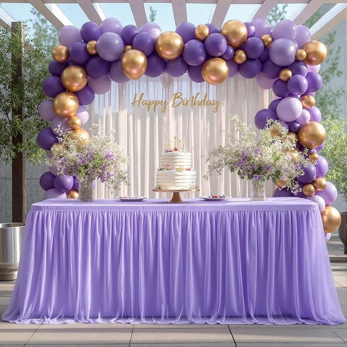 2-in-1 Lavender Tulle Tablecloth with Skirt, 8 Foot Rectangle | Stretch Fitted Table Cover, Ruffle Tutu Design, For Wedding Reception Birthday Baby Shower, Celebration Banquet
