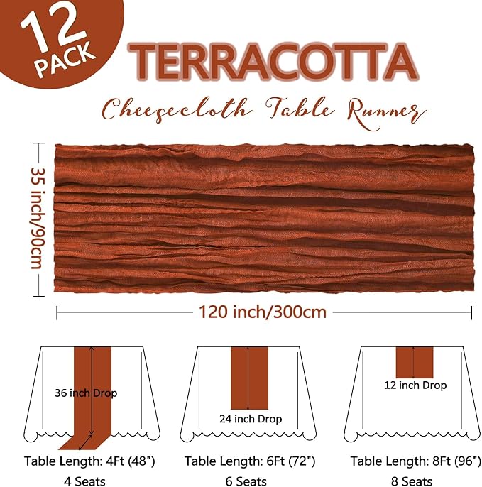 12 Pack Terracotta Cheesecloth Table Runner 10Ft Gauze Burnt Orange Cheese Cloth Table Runner 35x120 Inch Boho Rustic for Party Decor Baby Shower Wedding Holiday Decorations