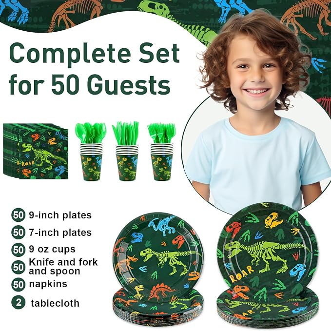 352pcs Dinosaur Birthday Party Decorations For Boys, Dinosaur Themes Birthday Party Supplies Serve 50 with Disposable Plates,Napkins,Cups,Cutlery Set, ,Tablecloth