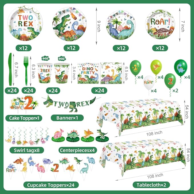 210 Pcs 2nd Dinosaur Birthday Party Decorations Serves 24 ，Two-Rex Theme Dino Roar Party Supplies with Banner Hanging Plates Napkins Cups Forks Knives Tablecloth Topper Balloons for Boy Party