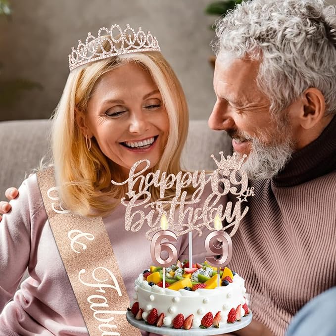 69th Birthday Decorations for Women, Including 69th Birthday Sash and Tiara, Cake Topper and Candles, Number Balloons, 69 Year Old Gifts for Women