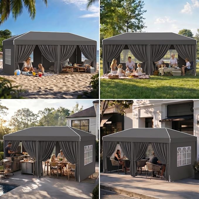 10x20 Pop Up Canopy with Sidewalls, Instant Tent with Carry Bag, Sandbags, Height Adjustable Waterproof Outdoor Canopy, Outdoor Canopy for Events, Camping, Parties (with Reflective Strips)