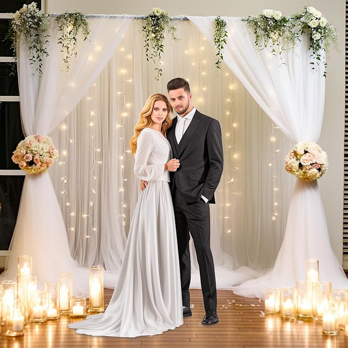 30x8ft White Sheer Backdrop Curtain with Lights String for Parites, Tulle Photo Backdrop Drapes with Lights for Wedding Backdrop Ceremony Reception Bridal Shower Baby Shower Birthday Party
