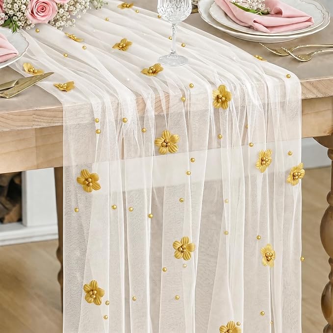 Artoid Mode Yellow Flower Pearl White Gauze Table Runner 10FT, Seasonal Sheer Dining Holiday Wedding Birthday Baby Shower Table Decor for Home Party