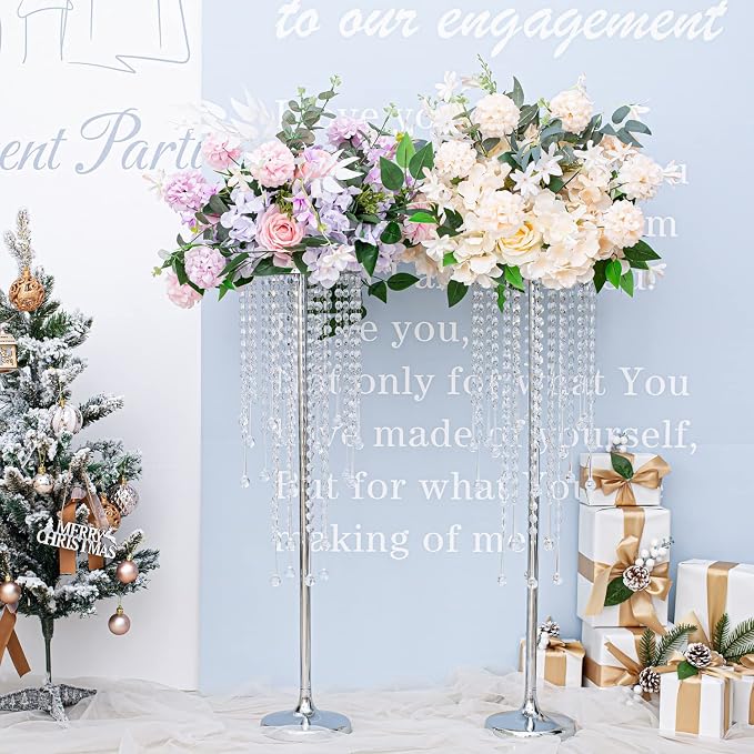 Bigsee 10 Pcs 29.5 inches Crystal Flower Stand Wedding Centerpieces for Tables, Tabletop Silver Metal Flower Arrangement Holder, Elegant Bulk Metal Vases for Reception Ceremony Decoration