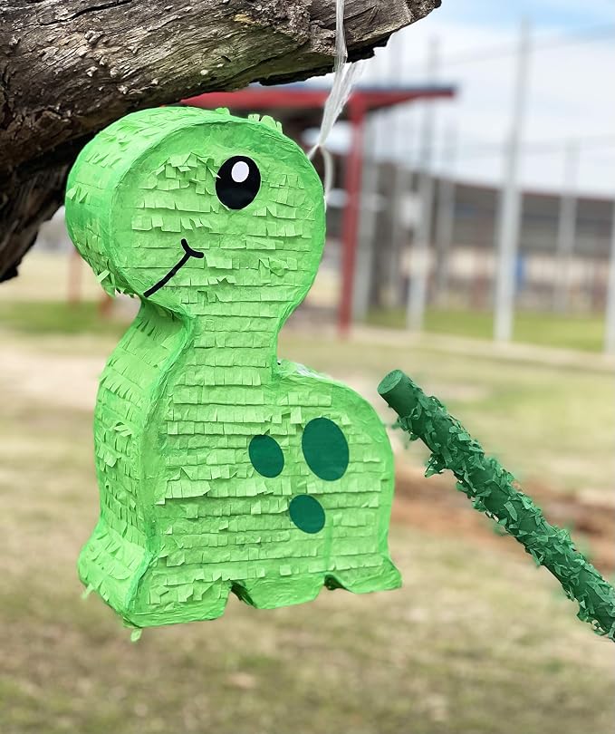 Jergrim Green Dinosaur Party Piñata with small stick – 16x11x3 inches, Perfect for Birthday Dinosaur Theme Parties, Party Decor, Roar T-rex and Jurassic kids theme decorations