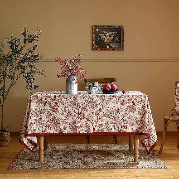 ISAENNE Designer French Linen Rectangular Tablecloth,102"x63"-Ruyi A | Vintage Elegant Table Cloth Rectangle Table,Red Floral Pattern,Durable,Heavyweight,Dining,Kitchen,Tea Party,Thanksgiving